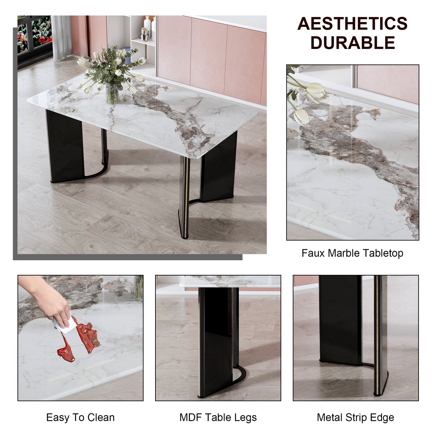 （预计2025-01-01 ~ 2025-01-08到货）Modern minimalist rectangular dining table, white imitation marble tabletop, MDF table legs with gold metal decorative strips. Suitable for restaurant and living room F-HH