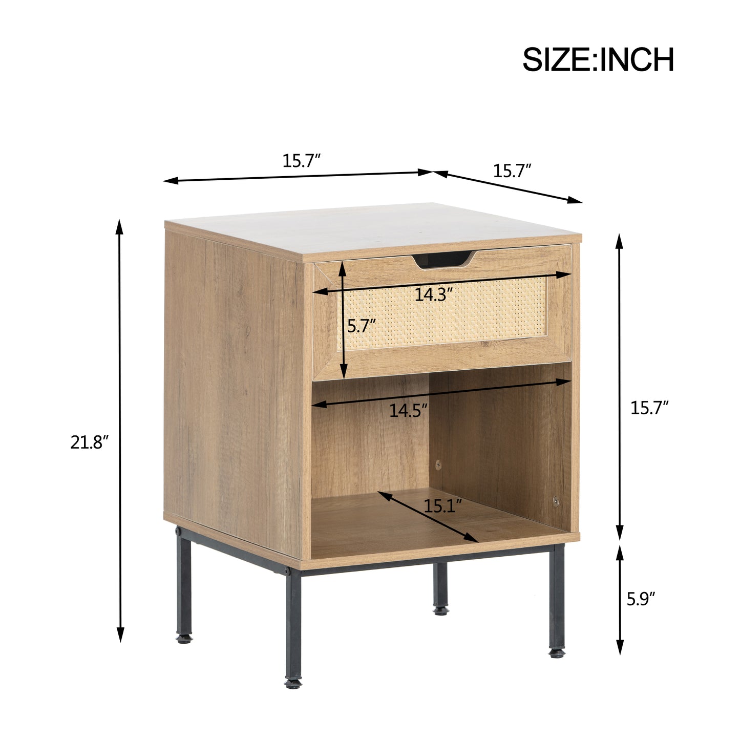 （缺货）Nightstand Storage End Table with Rattan Door, Open Storage & Solid Metal Legs, Small Bedside Tables Mid Century Modern Side Tables Nightstand for Living Room Bedroom Small Spaces, Natural