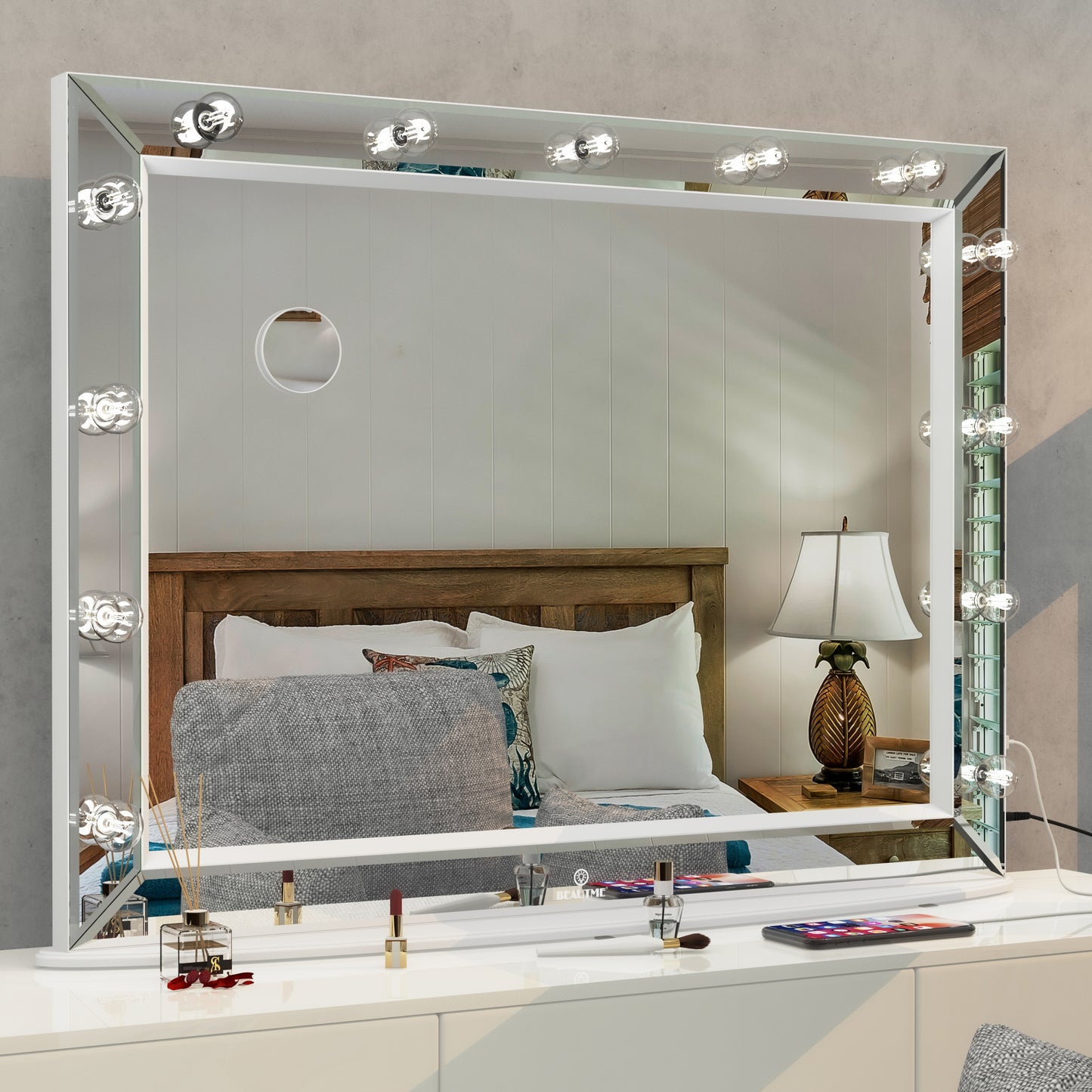 （缺货）Hollywood Vanity Mirror with Uss Bulbs Luxury Vanity Mirror with Lights Large Size Makeup Mirror for Bedroom Makeup Room, Smart Touch White Lighting,40x30.5 inch