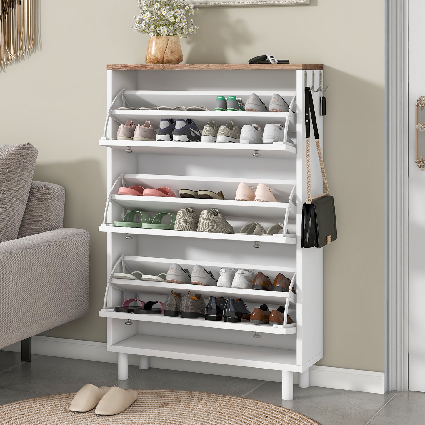 ON-TREND Narrow Design Shoe Cabinet with 3 Flip Drawers, Wood Grain Pattern Top Entryway Organizer with 3 Hooks, Free Standing Shoe Rack with Adjustable Panel for Hallway, White