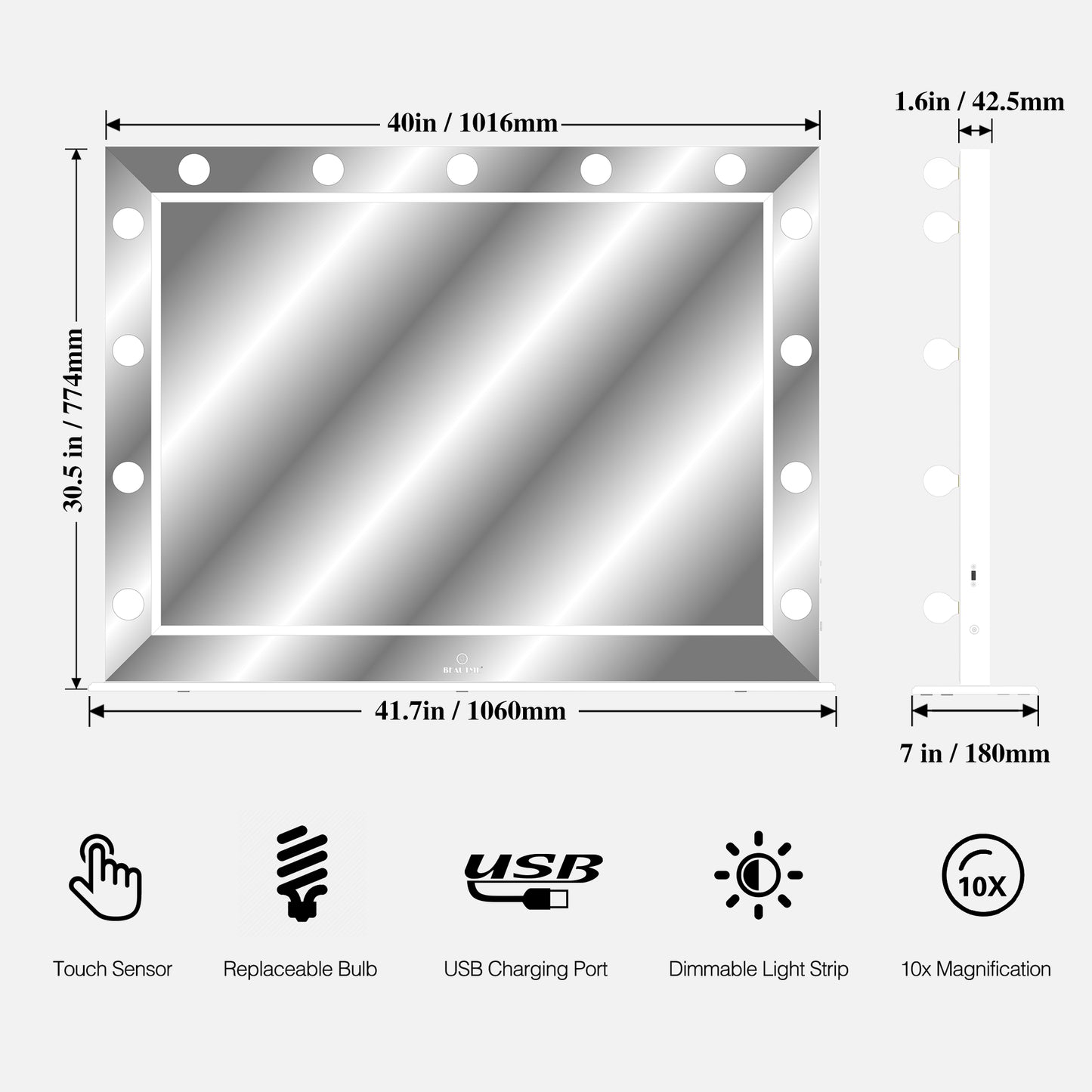 （缺货）Hollywood Vanity Mirror with Uss Bulbs Luxury Vanity Mirror with Lights Large Size Makeup Mirror for Bedroom Makeup Room, Smart Touch White Lighting,40x30.5 inch