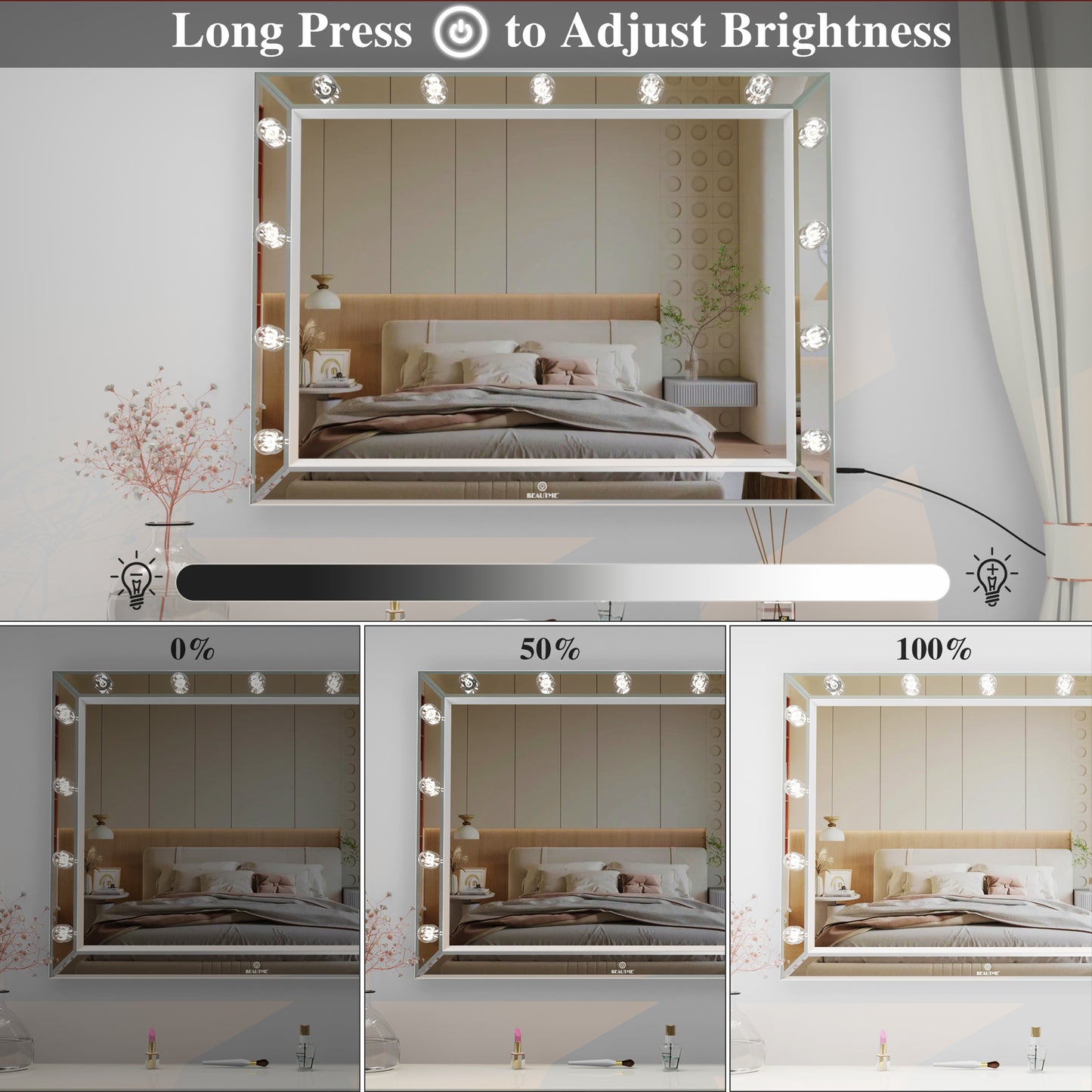 （缺货）Hollywood Vanity Mirror with Uss Bulbs Luxury Vanity Mirror with Lights Large Size Makeup Mirror for Bedroom Makeup Room, Smart Touch White Lighting,40x30.5 inch