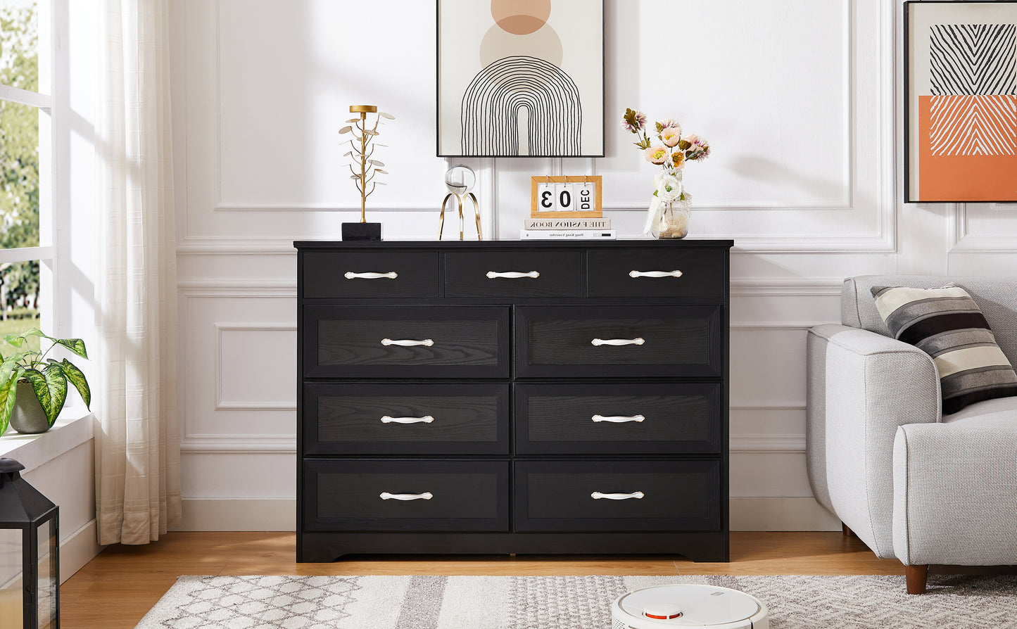 Bedroom dresser, 9 drawer long dresser with antique handles, wood chest of drawers for kids room, living room, entry and hallway, Black, 47.56''W x 15.75''D x 34.45''H.