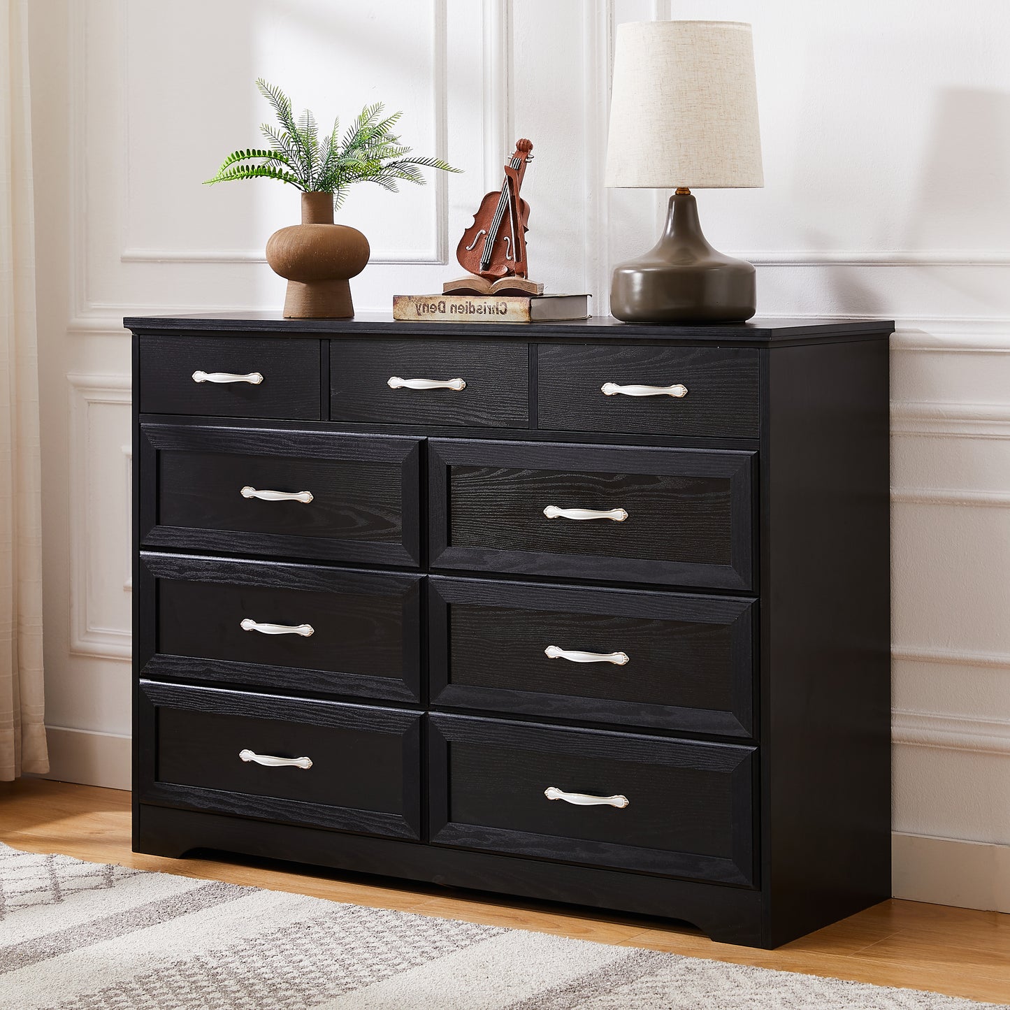 Bedroom dresser, 9 drawer long dresser with antique handles, wood chest of drawers for kids room, living room, entry and hallway, Black, 47.56''W x 15.75''D x 34.45''H.