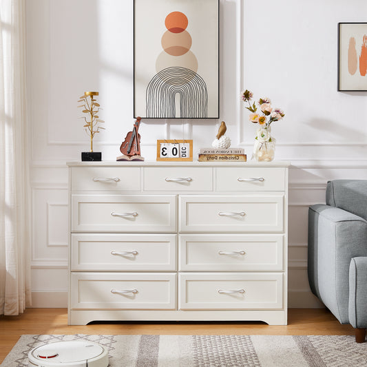 Bedroom dresser, 9 drawer long dresser with antique handles, wood chest of drawers for kids room, living room, entry and hallway, White, 47.56''W x 15.75''D x 34.45''H.