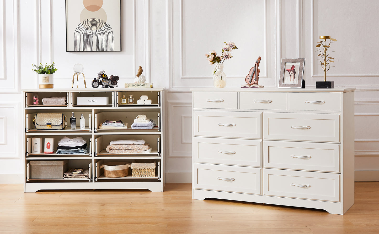 Bedroom dresser, 9 drawer long dresser with antique handles, wood chest of drawers for kids room, living room, entry and hallway, White, 47.56''W x 15.75''D x 34.45''H.