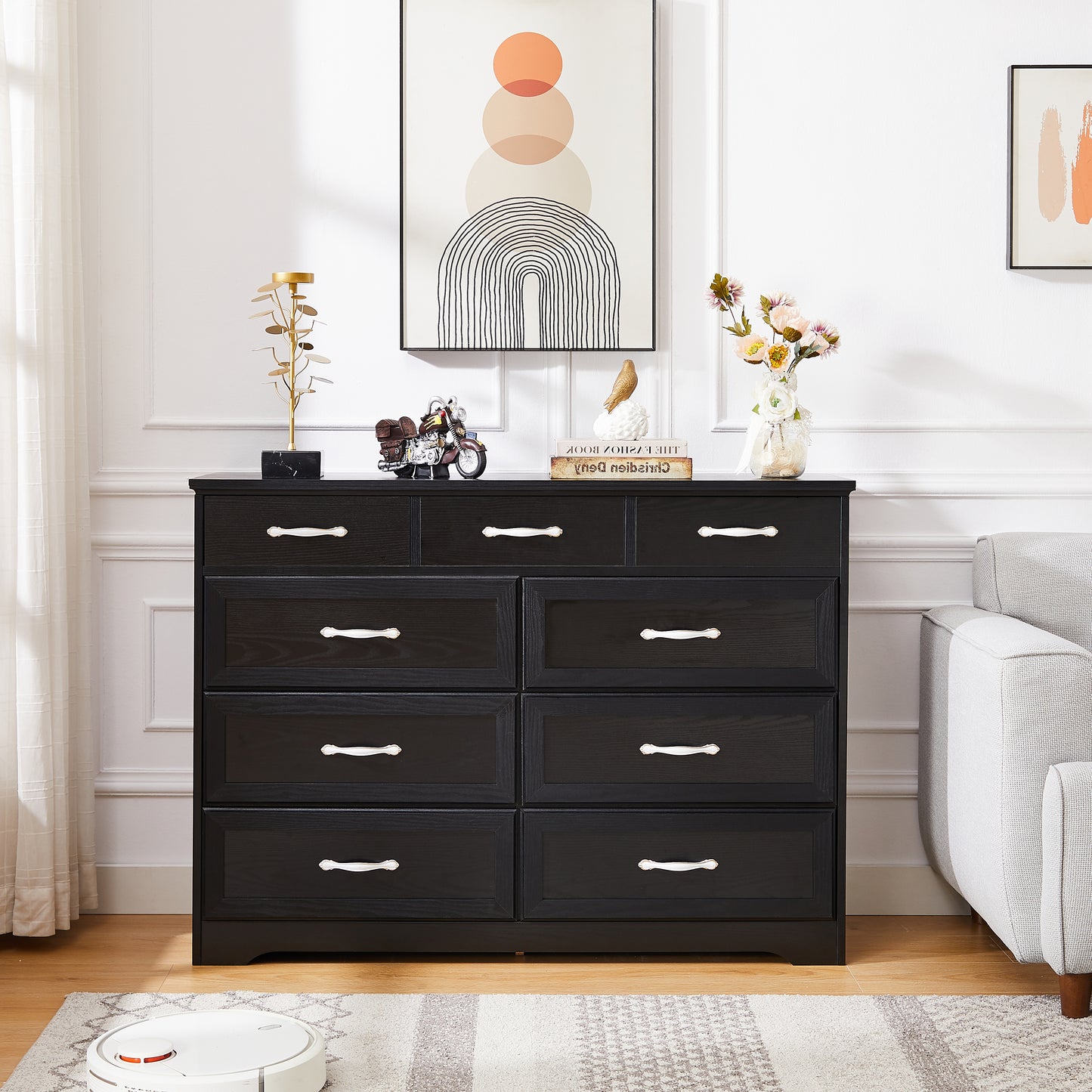 Bedroom dresser, 9 drawer long dresser with antique handles, wood chest of drawers for kids room, living room, entry and hallway, Black, 47.56''W x 15.75''D x 34.45''H.