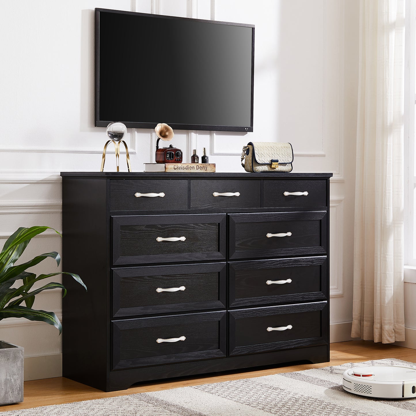 Bedroom dresser, 9 drawer long dresser with antique handles, wood chest of drawers for kids room, living room, entry and hallway, Black, 47.56''W x 15.75''D x 34.45''H.