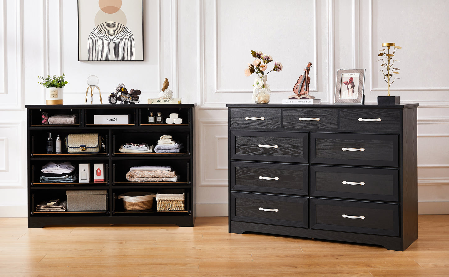 Bedroom dresser, 9 drawer long dresser with antique handles, wood chest of drawers for kids room, living room, entry and hallway, Black, 47.56''W x 15.75''D x 34.45''H.