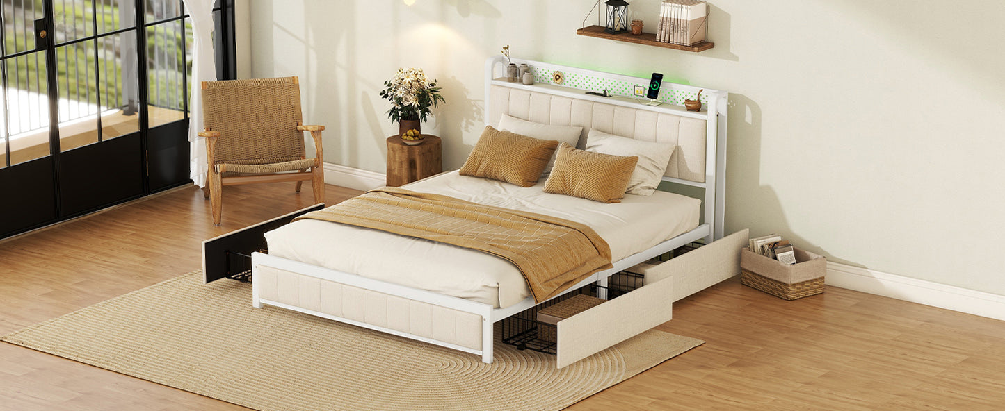 Queen Bed Frame with LED Headboard, Upholstered Bed with 4 Storage Drawers and USB Ports, Beige