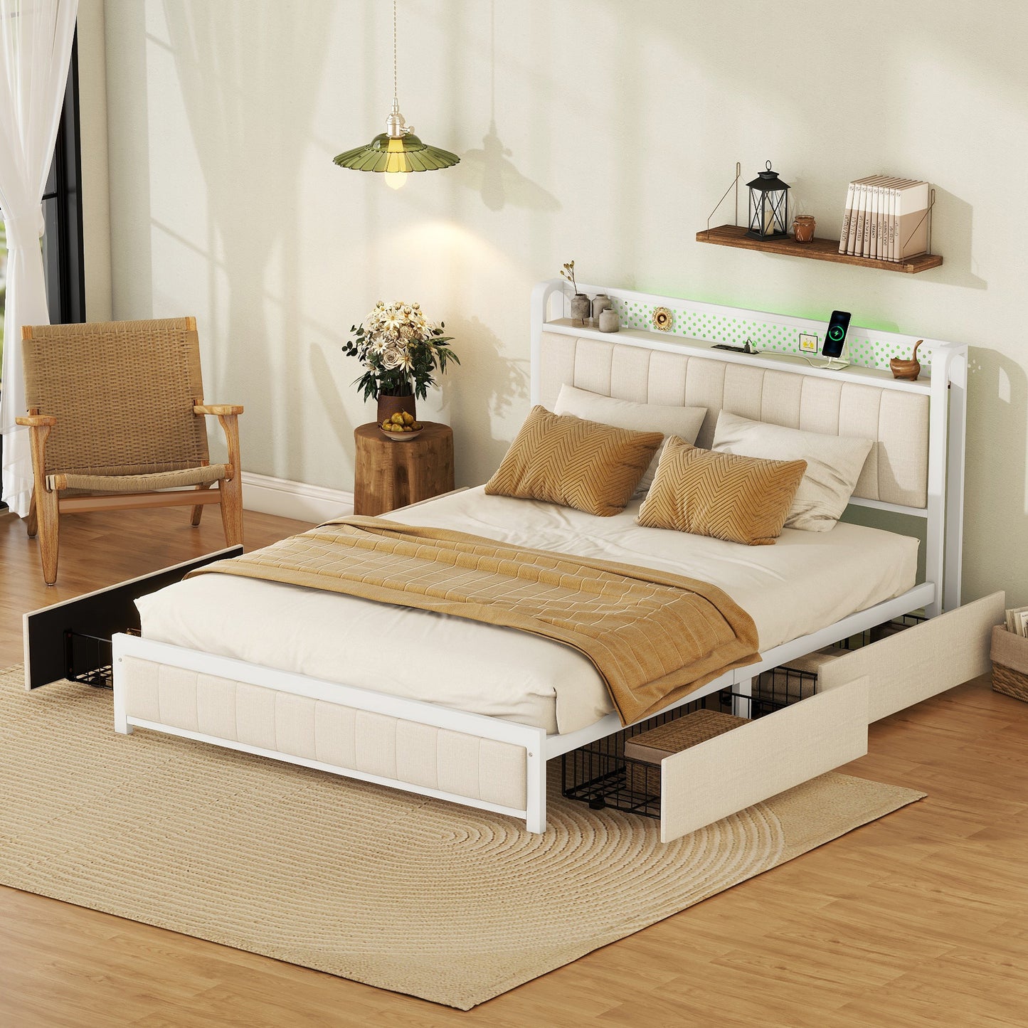 Queen Bed Frame with LED Headboard, Upholstered Bed with 4 Storage Drawers and USB Ports, Beige