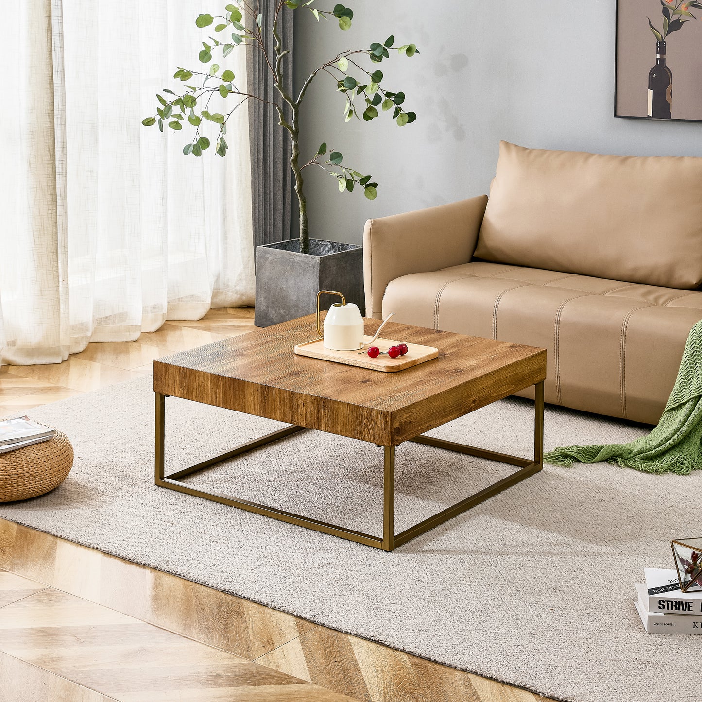 Modern rectangular coffee table, dining table. MDF desktop with metal legs. Suitable for restaurants and living rooms. The size :31.5"*31.5"*14.37"