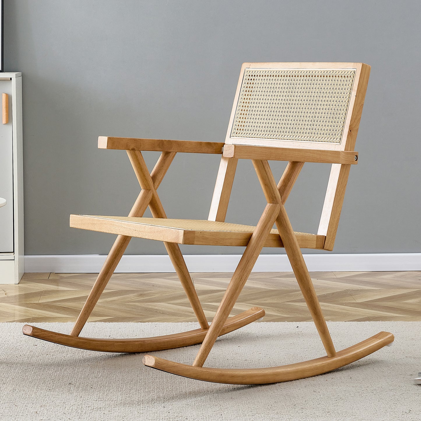 Solid wood+imitation rattan rocking chair allows you to relax quietly indoors and outdoors, enhancing your sense of relaxation, suitable for balconies, gardens, and camping sites