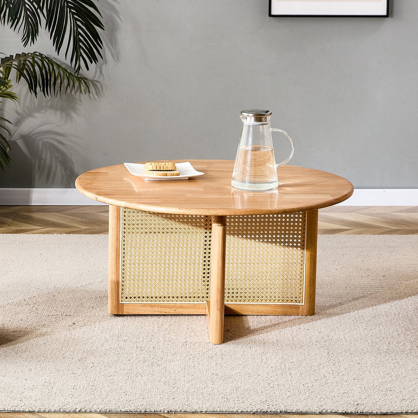 Naturally elegant wooden coffee table with faux rattan accents - perfect for stylish living rooms and cozy tea time