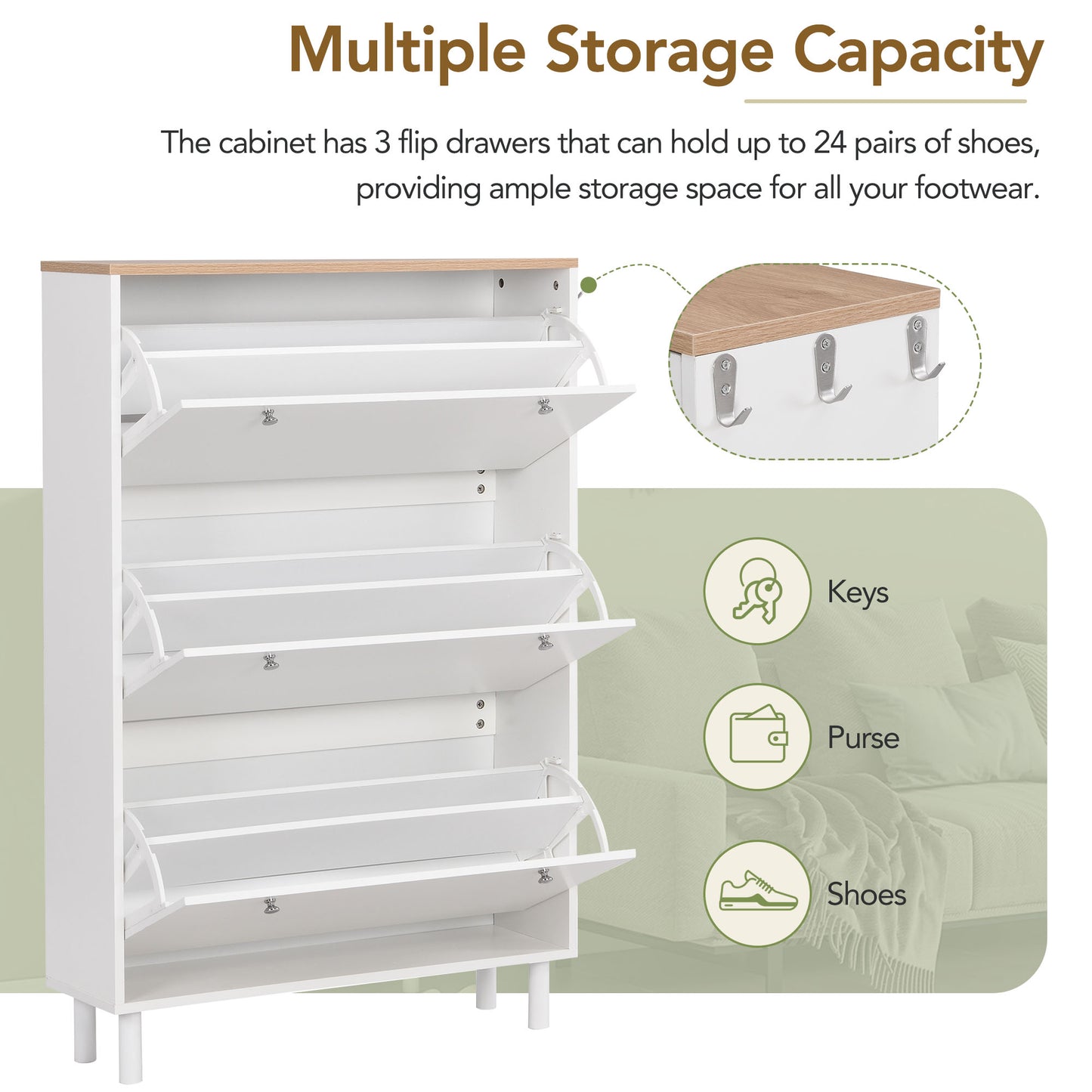 ON-TREND Narrow Design Shoe Cabinet with 3 Flip Drawers, Wood Grain Pattern Top Entryway Organizer with 3 Hooks, Free Standing Shoe Rack with Adjustable Panel for Hallway, White