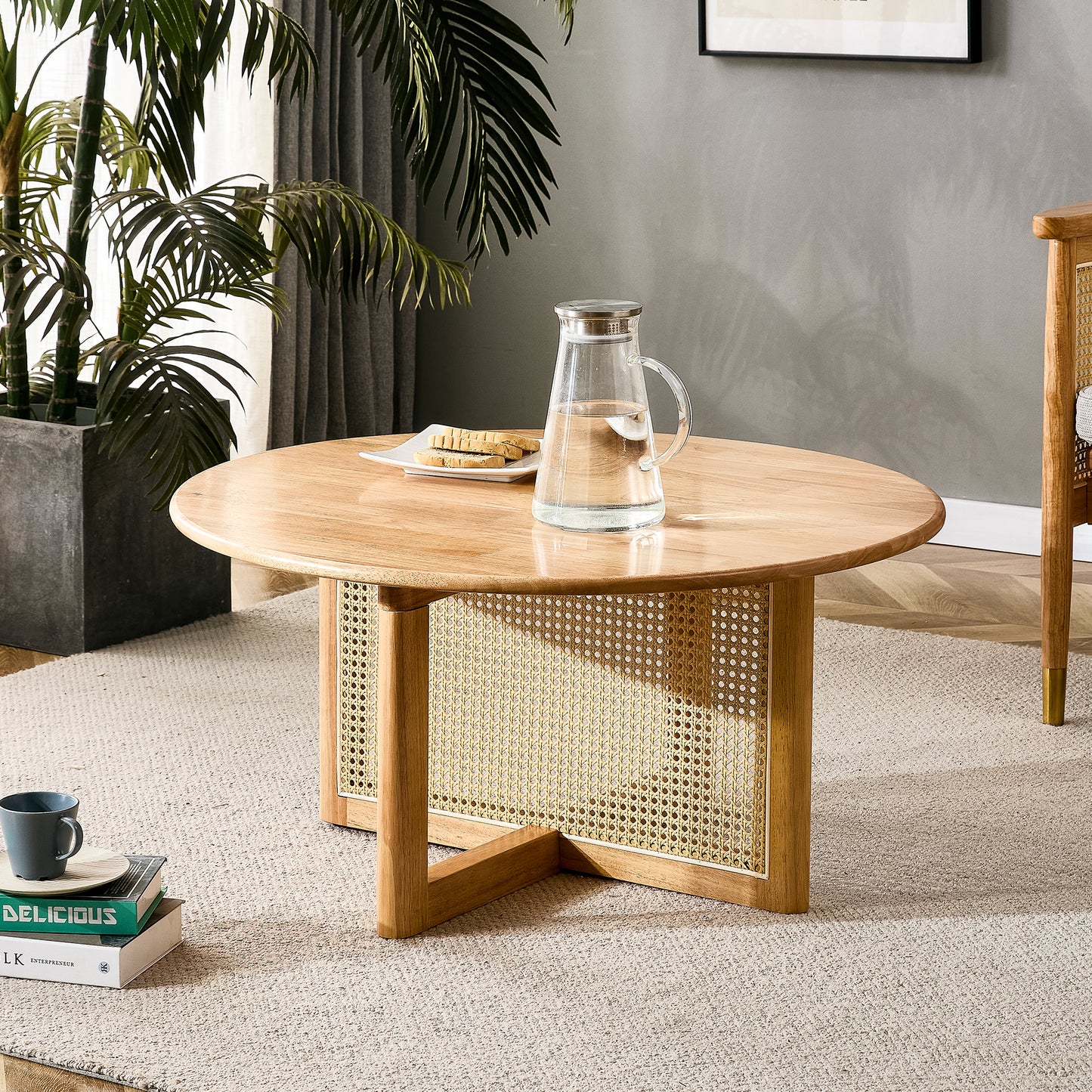 Naturally elegant wooden coffee table with faux rattan accents - perfect for stylish living rooms and cozy tea time