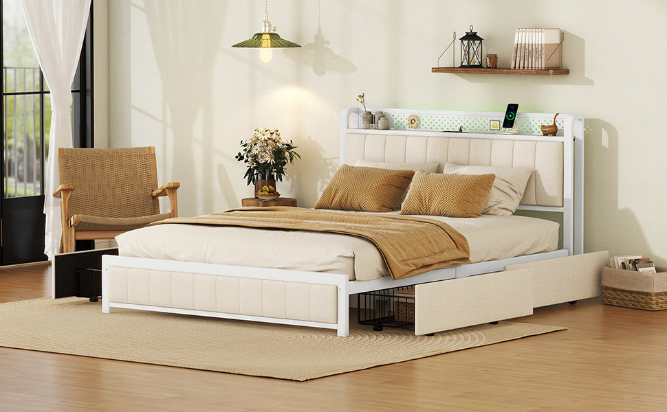 Queen Bed Frame with LED Headboard, Upholstered Bed with 4 Storage Drawers and USB Ports, Beige