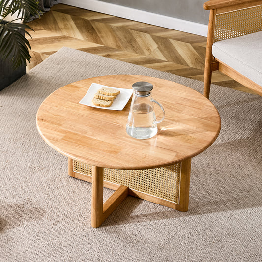 Naturally elegant wooden coffee table with faux rattan accents - perfect for stylish living rooms and cozy tea time