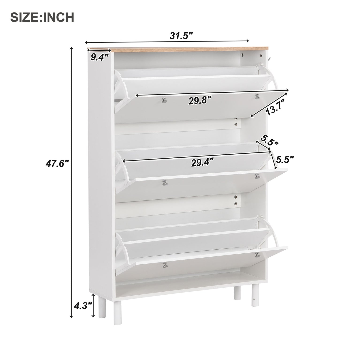 ON-TREND Narrow Design Shoe Cabinet with 3 Flip Drawers, Wood Grain Pattern Top Entryway Organizer with 3 Hooks, Free Standing Shoe Rack with Adjustable Panel for Hallway, White