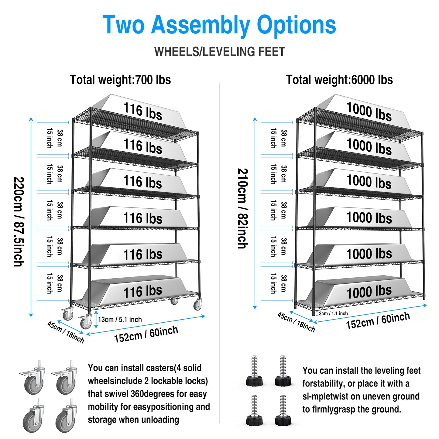 6 Tier Wire Shelving Unit, 6000 LBS NSF Height Adjustable Metal Garage Storage Shelves with Wheels, Heavy Duty Storage Wire Rack Metal Shelves - Black - 186082