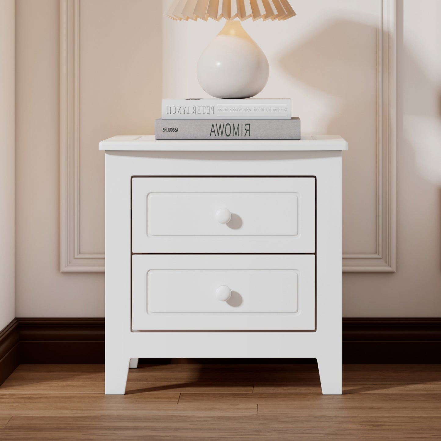 2-Drawer Nightstand for Bedroom, Mid Century Retro Bedside Table with Classic Design,White