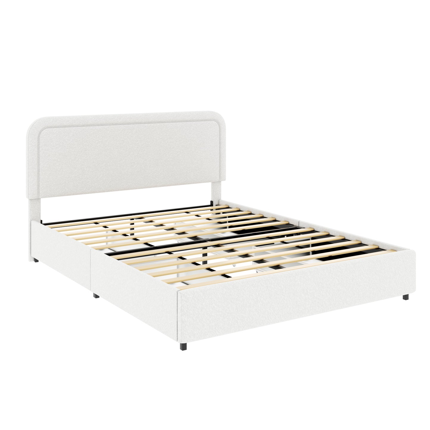 Queen Size Ivory Boucle Upholstered Platform Bed with Patented 4 Drawers Storage, Curved Stitched Tufted Headboard, Wooden Slat Mattress Support, No Box Spring Needed