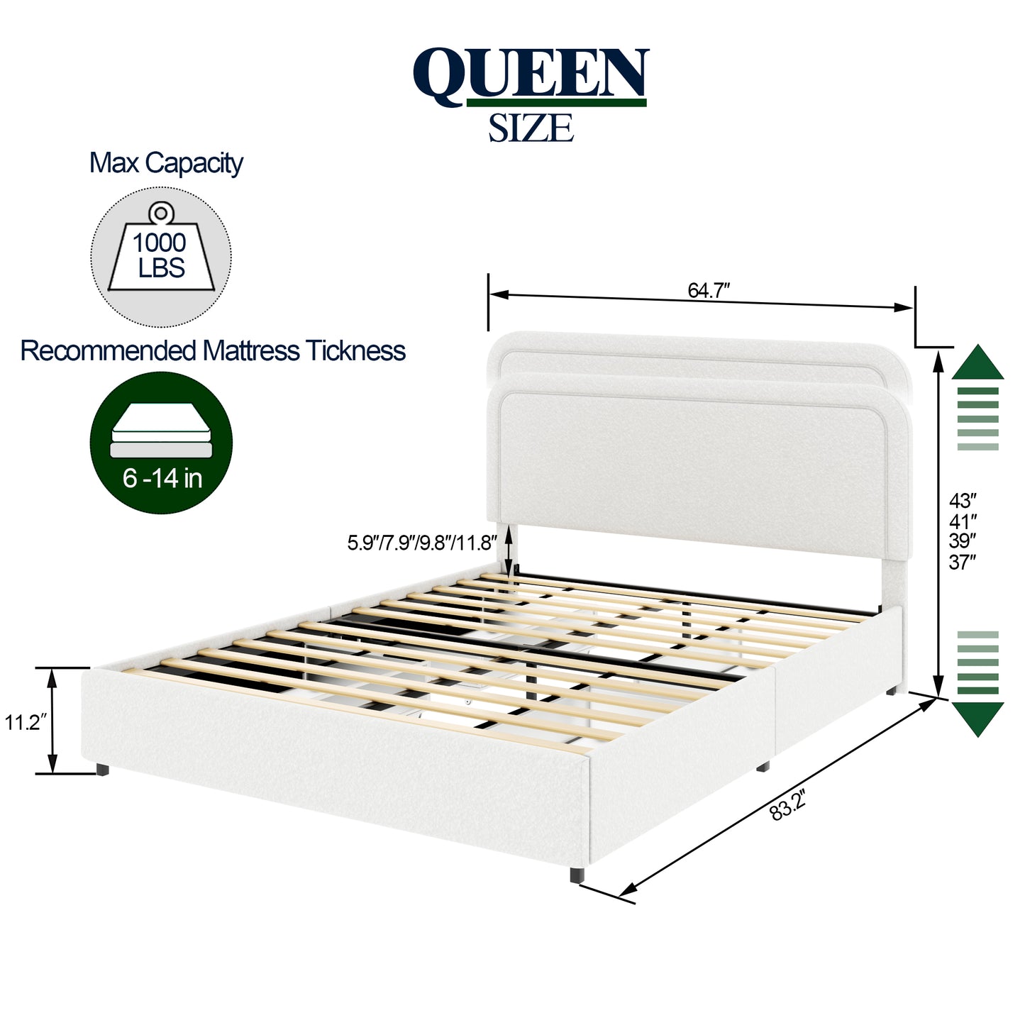 Queen Size Ivory Boucle Upholstered Platform Bed with Patented 4 Drawers Storage, Curved Stitched Tufted Headboard, Wooden Slat Mattress Support, No Box Spring Needed