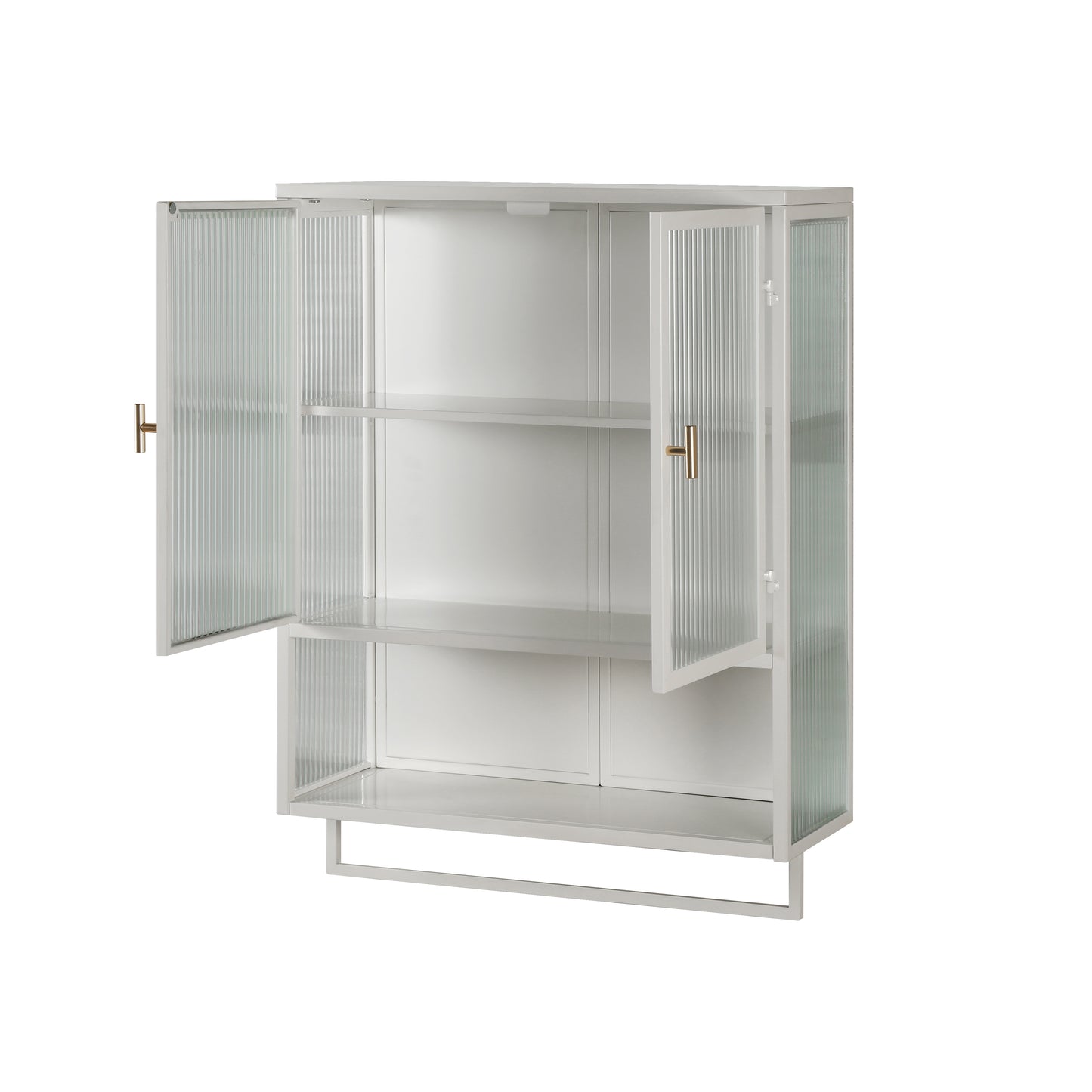 23.62"Glass Doors Modern Two-door Wall Cabinet with Featuring Two-tier Enclosed Storage, an Open Shelf, and Towel Rack, for Entryway Living Room Bathroom Dining Room