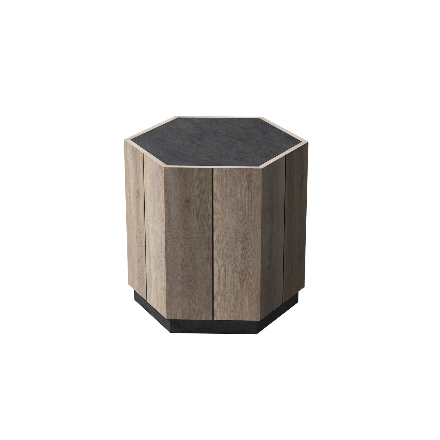 Hexagonal Rural Style Garden Retro with Drawer Living Room Corner Table Bedroom Bedside Table , Textured Black + Warm Oak