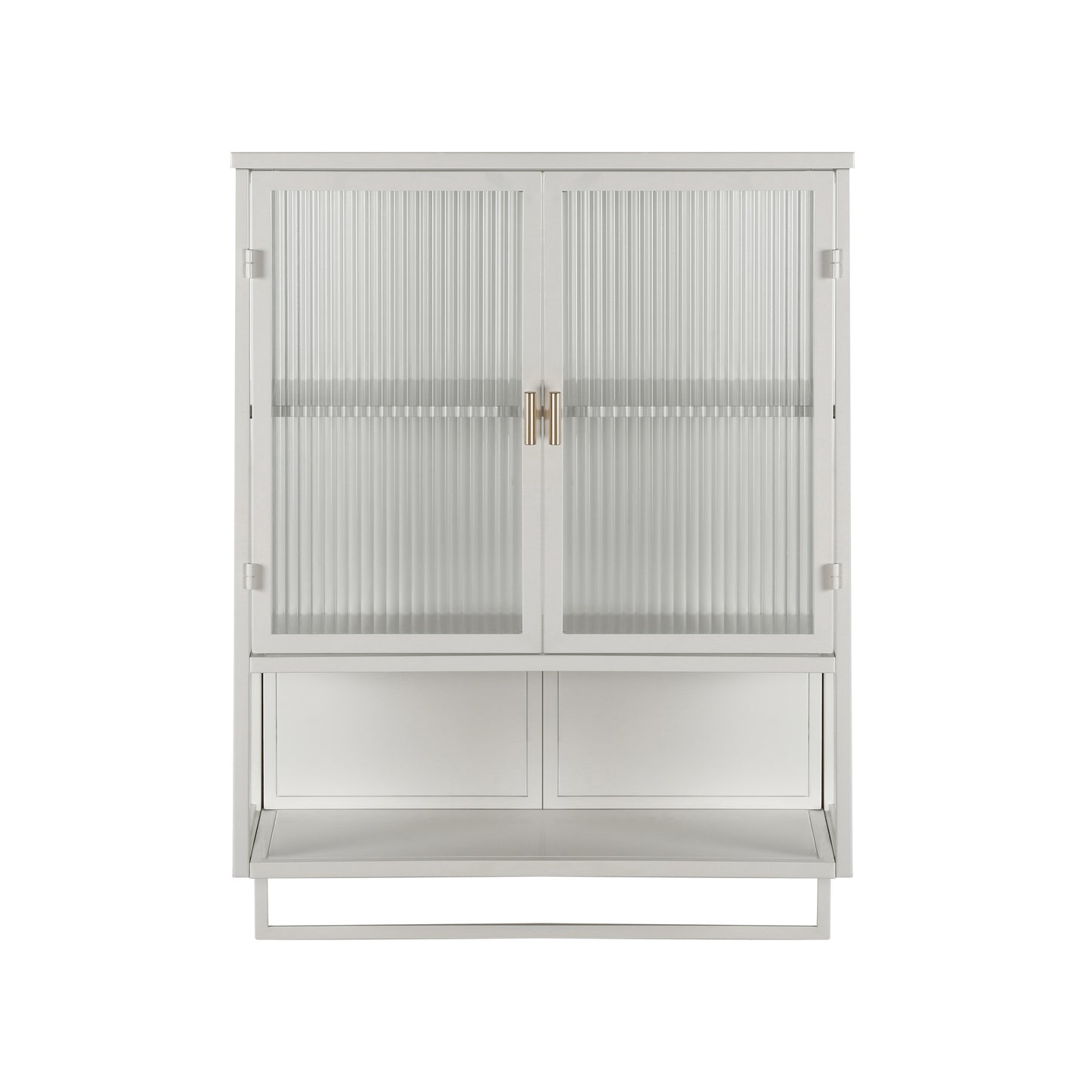 23.62"Glass Doors Modern Two-door Wall Cabinet with Featuring Two-tier Enclosed Storage, an Open Shelf, and Towel Rack, for Entryway Living Room Bathroom Dining Room