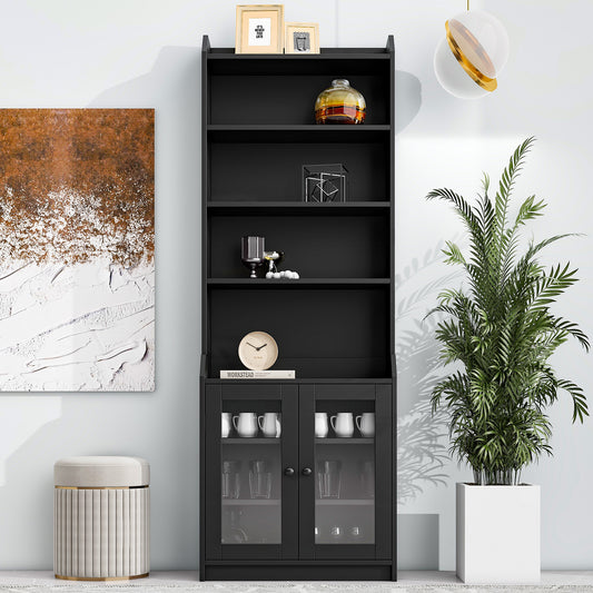 ON-TREND Elegant Tall Cabinet with Acrylic Board Door, Versatile Sideboard with Graceful Curves, Contemporary Bookshelf with Adjustable Shelves for Living Room, Black