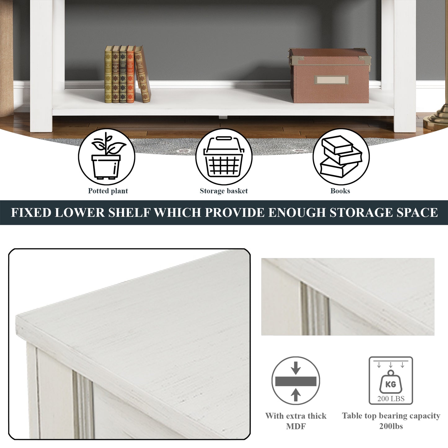 63" Pine Wood Console Table with 4 Drawers and 1 Bottom Shelf for Entryway Hallway Easy Assembly 63 inch Long Sofa Table (Antique White)