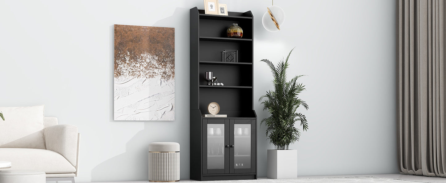 ON-TREND Elegant Tall Cabinet with Acrylic Board Door, Versatile Sideboard with Graceful Curves, Contemporary Bookshelf with Adjustable Shelves for Living Room, Black