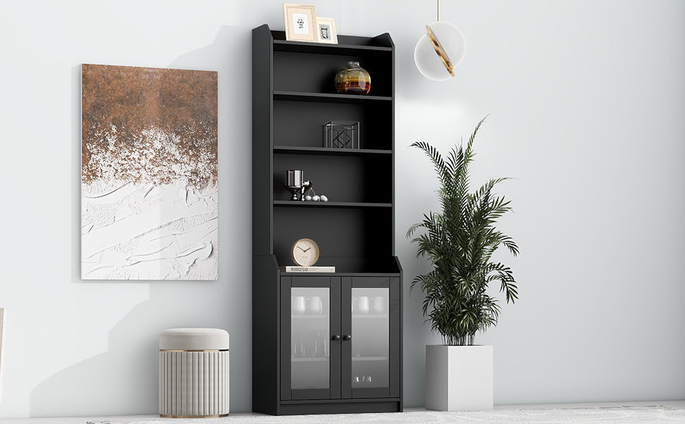 ON-TREND Elegant Tall Cabinet with Acrylic Board Door, Versatile Sideboard with Graceful Curves, Contemporary Bookshelf with Adjustable Shelves for Living Room, Black