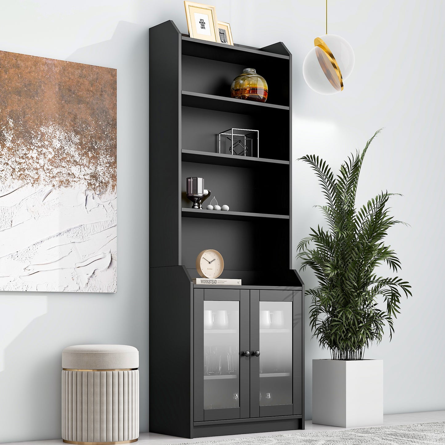 ON-TREND Elegant Tall Cabinet with Acrylic Board Door, Versatile Sideboard with Graceful Curves, Contemporary Bookshelf with Adjustable Shelves for Living Room, Black