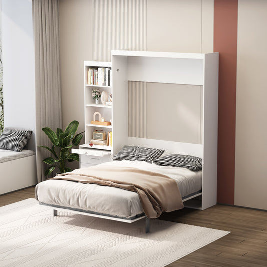 Morden Deisgn Full Size Vertical Murphy Bed with Shelf and Drawers for Bedroom or Guestroom White Wall Bed Space Saving Hidden Bed with New Style Gas Struts