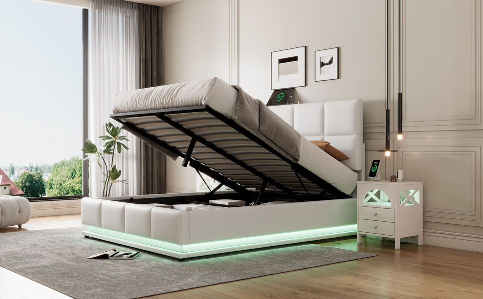 （最后3个）Full Size Tufted Upholstered Platform Bed with Hydraulic Storage System,PU Storage Bed with LED Lights and USB charger, White