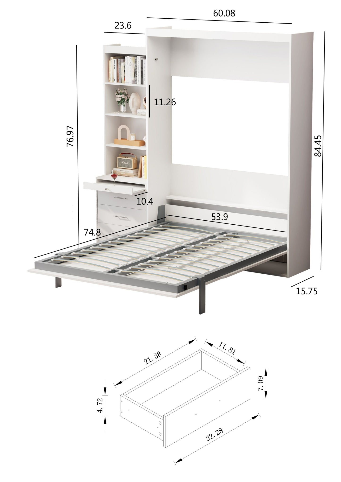 Morden Deisgn Full Size Vertical Murphy Bed with Shelf and Drawers for Bedroom or Guestroom White Wall Bed Space Saving Hidden Bed with New Style Gas Struts