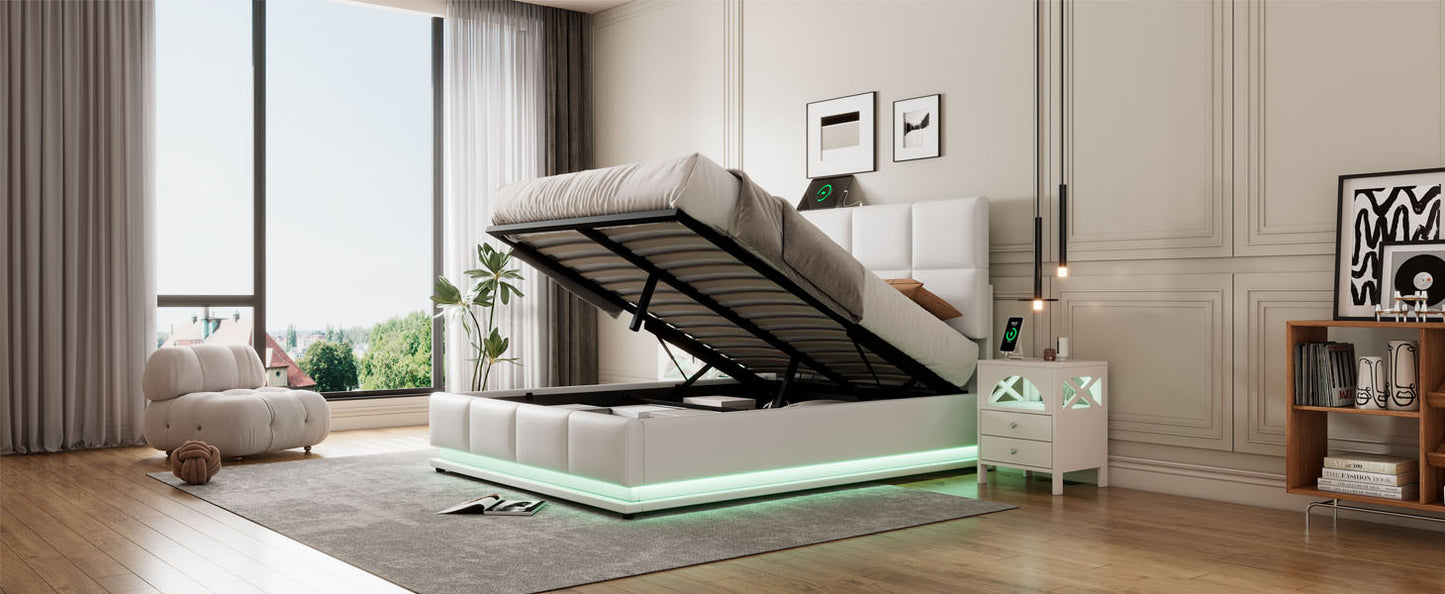 （最后3个）Full Size Tufted Upholstered Platform Bed with Hydraulic Storage System,PU Storage Bed with LED Lights and USB charger, White