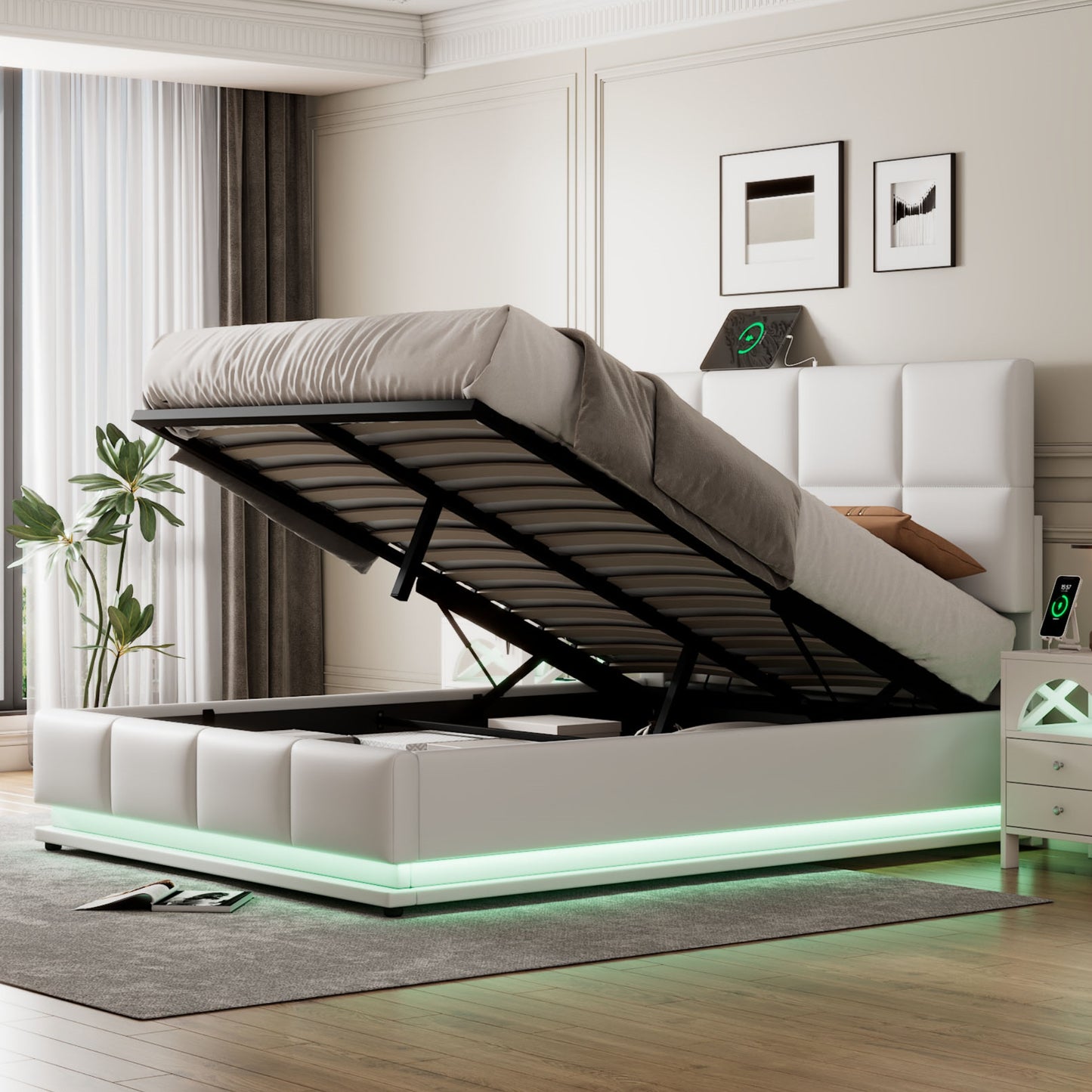 （最后3个）Full Size Tufted Upholstered Platform Bed with Hydraulic Storage System,PU Storage Bed with LED Lights and USB charger, White