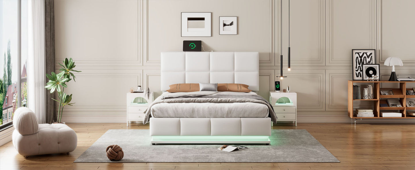 （最后3个）Full Size Tufted Upholstered Platform Bed with Hydraulic Storage System,PU Storage Bed with LED Lights and USB charger, White