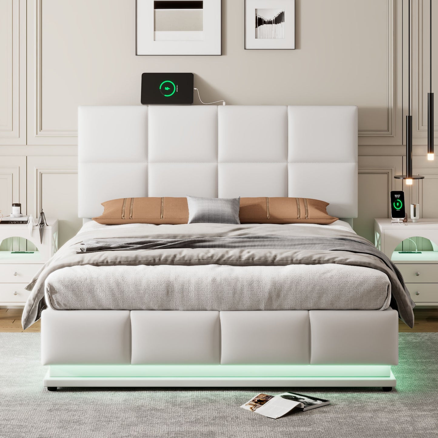 （最后3个）Full Size Tufted Upholstered Platform Bed with Hydraulic Storage System,PU Storage Bed with LED Lights and USB charger, White