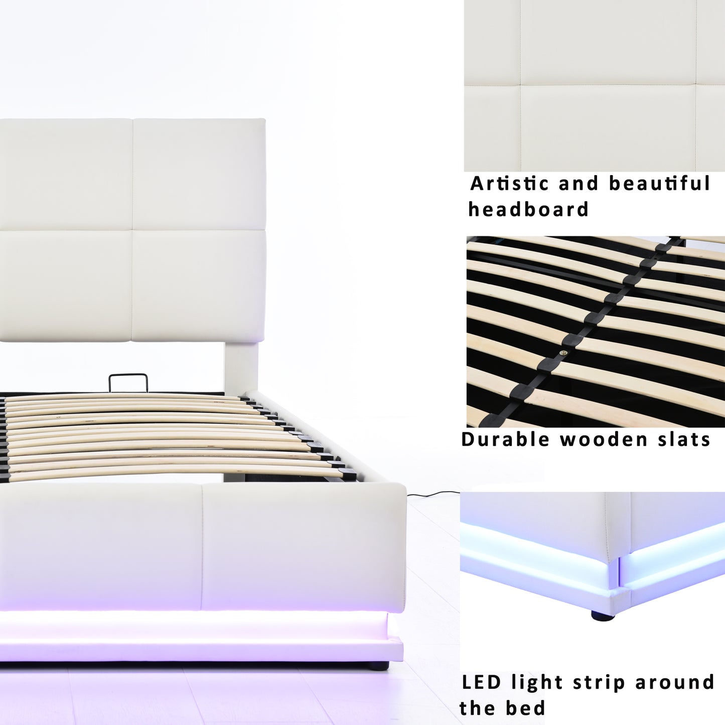 （最后3个）Full Size Tufted Upholstered Platform Bed with Hydraulic Storage System,PU Storage Bed with LED Lights and USB charger, White