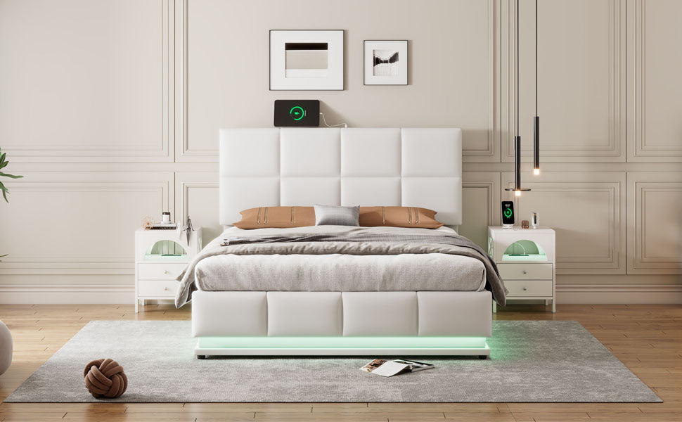 （最后3个）Full Size Tufted Upholstered Platform Bed with Hydraulic Storage System,PU Storage Bed with LED Lights and USB charger, White