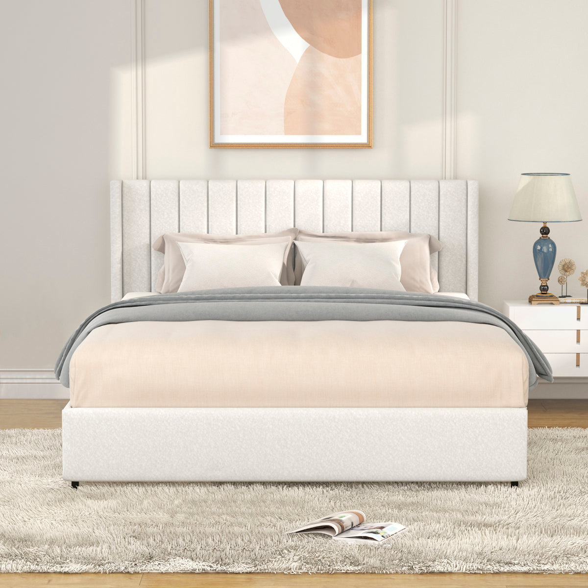 Anda Patented 2-Drawers Storage Bed Queen Size Ivory Boucle Upholstered Platform Bed, Tufted Headboard, Wooden Slat Mattress Support, No Box Spring Needed