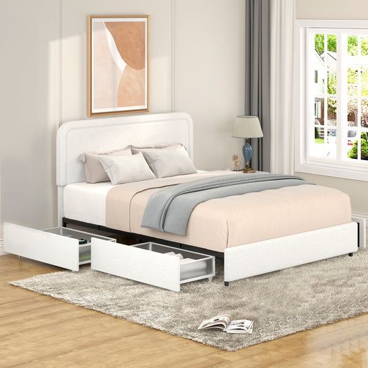 （9-21-9-29补货）Queen Size Ivory Boucle Upholstered Platform Bed with Patented 4 Drawers Storage, Curved Stitched Tufted Headboard, Wooden Slat Mattress Support, No Box Spring Needed