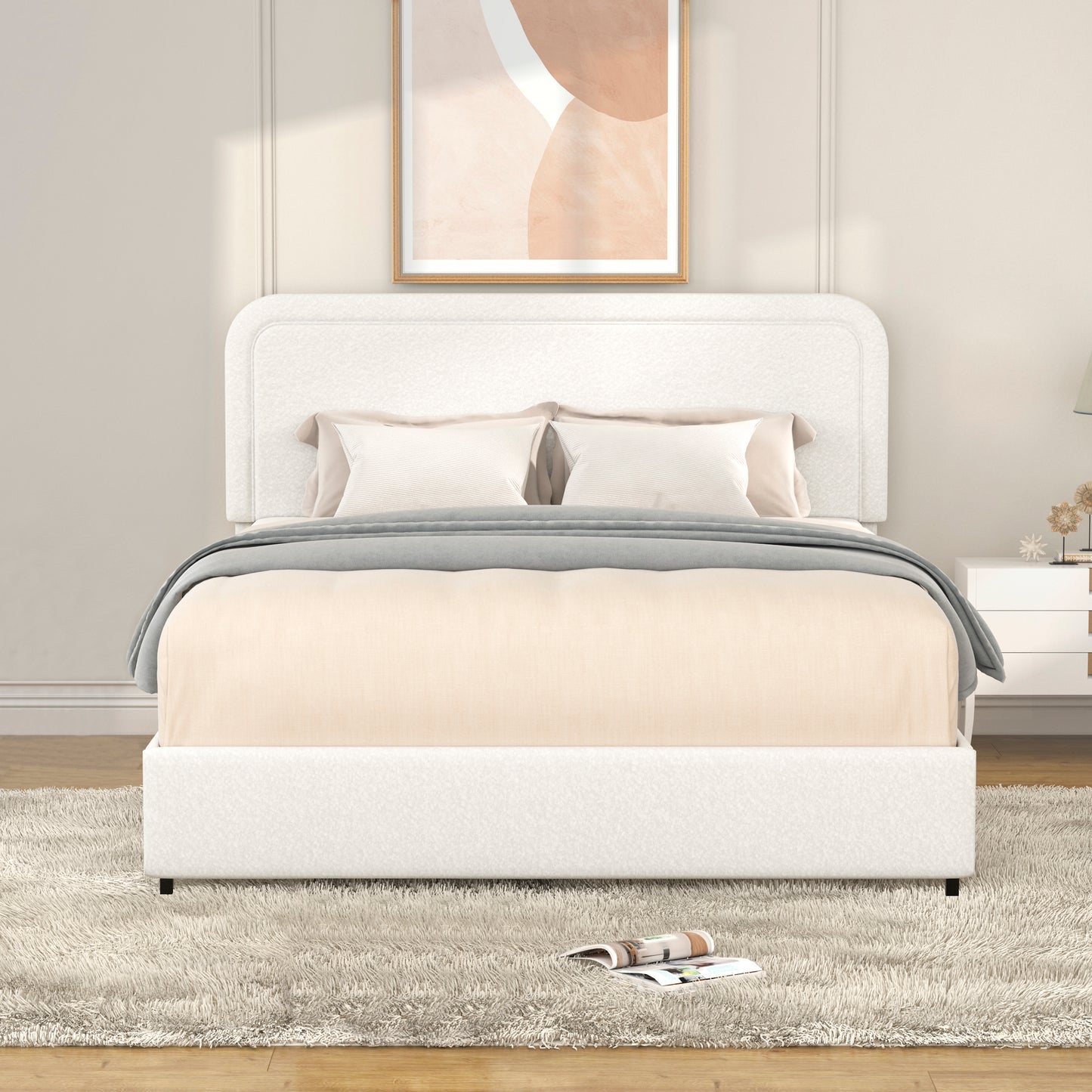 Queen Size Ivory Boucle Upholstered Platform Bed with Patented 4 Drawers Storage, Curved Stitched Tufted Headboard, Wooden Slat Mattress Support, No Box Spring Needed