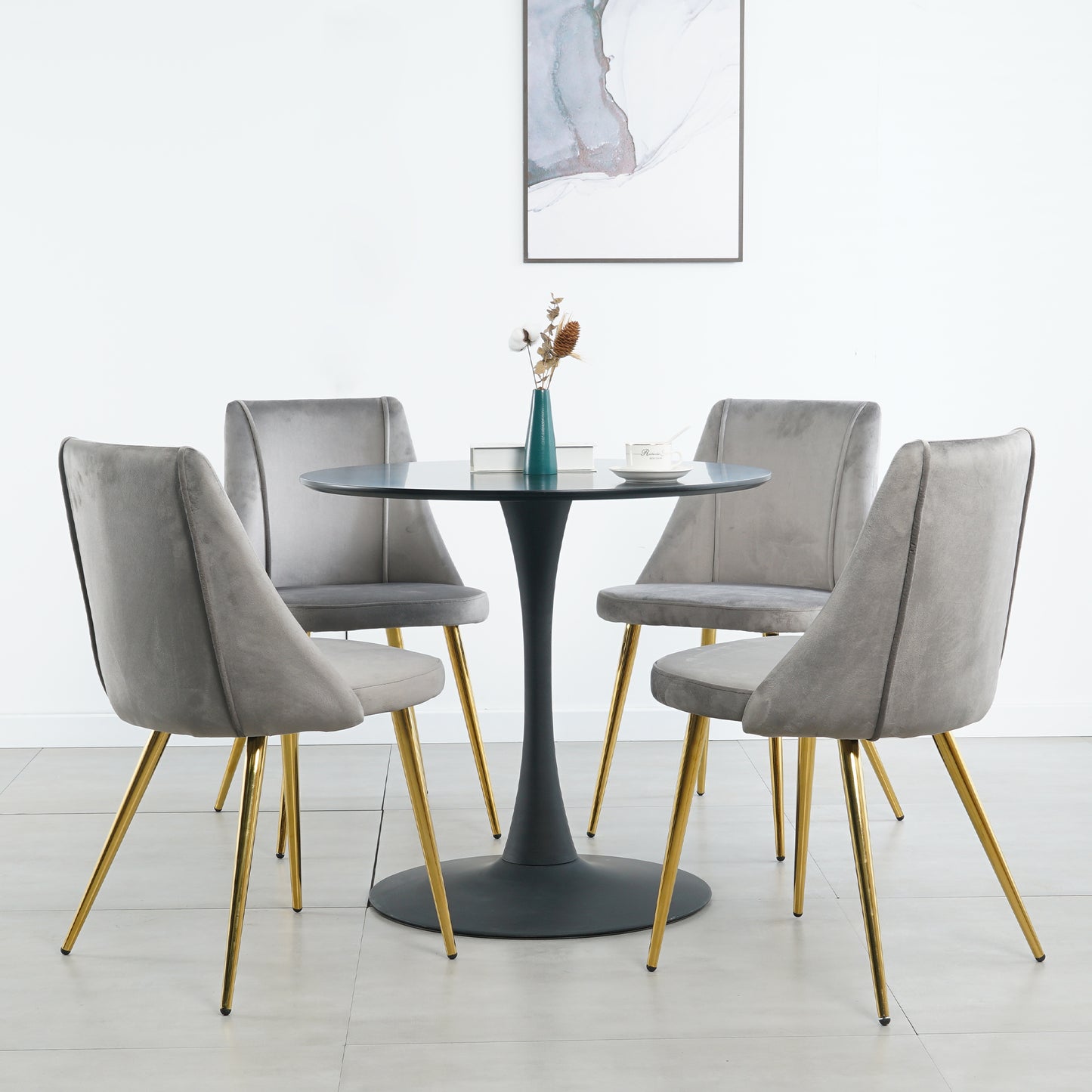 （最后2个库存）Modern simple light luxury dining grey chair home bedroom stool back dressing chair student desk chair gold metal legs(set of 4)