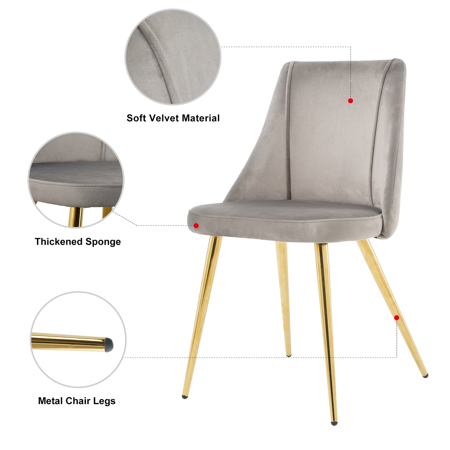 （最后2个库存）Modern simple light luxury dining grey chair home bedroom stool back dressing chair student desk chair gold metal legs(set of 4)