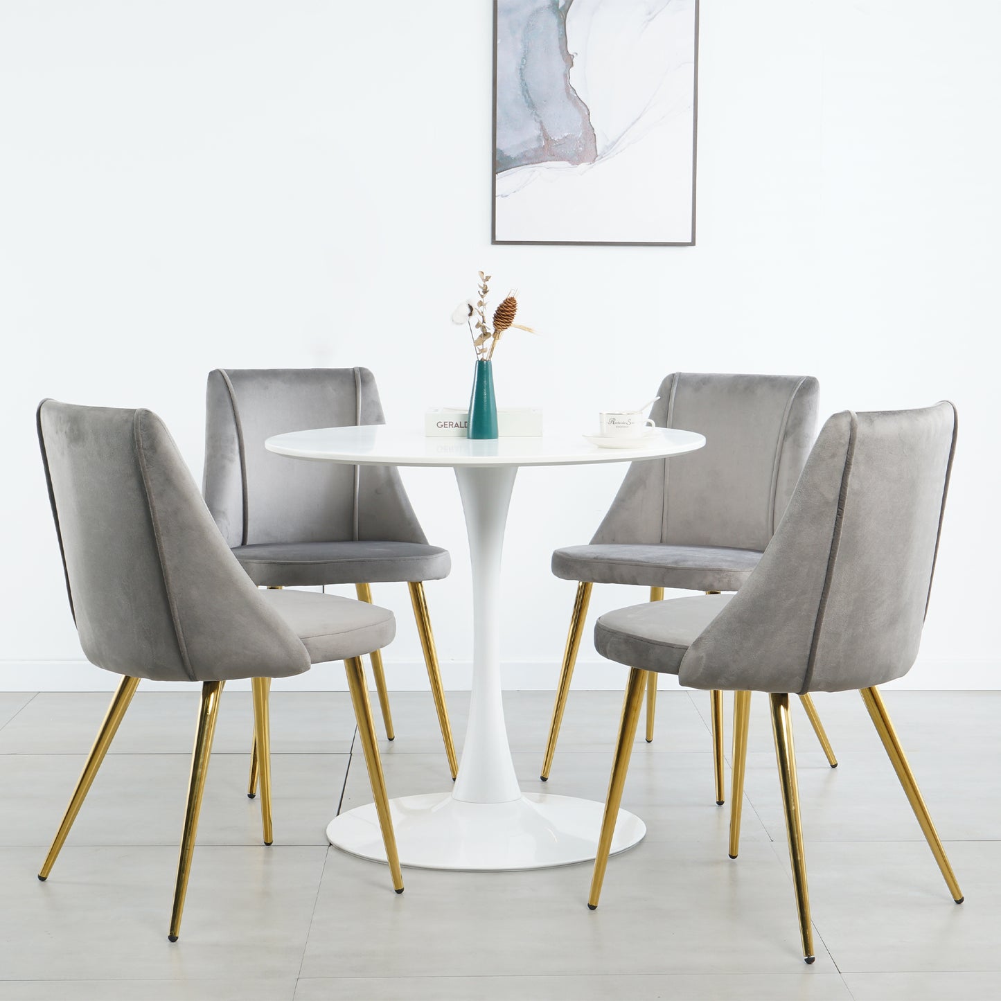 （最后2个库存）Modern simple light luxury dining grey chair home bedroom stool back dressing chair student desk chair gold metal legs(set of 4)